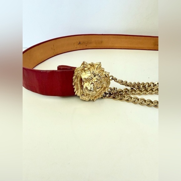 Vintage 80s Accessocraft NYC Signed Gold Lion Head Chain Tassel Buckle Belt main image 9